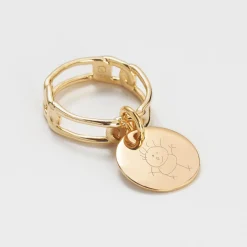 Bague chaine maille large plaqué or personnalisée médaille gravée 15 mm