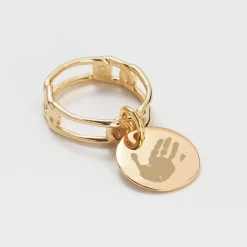 Bague chaine maille large plaqué or personnalisée médaille gravée 15 mm