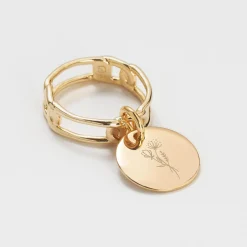 Bague chaine maille large plaqué or personnalisée médaille gravée 15 mm