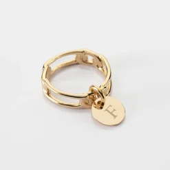Bague chaine maille large plaqué or personnalisée médaille gravée 10 mm