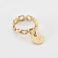 Bague chaine maille ronde plaqué or personnalisée médaille gravée 10 mm