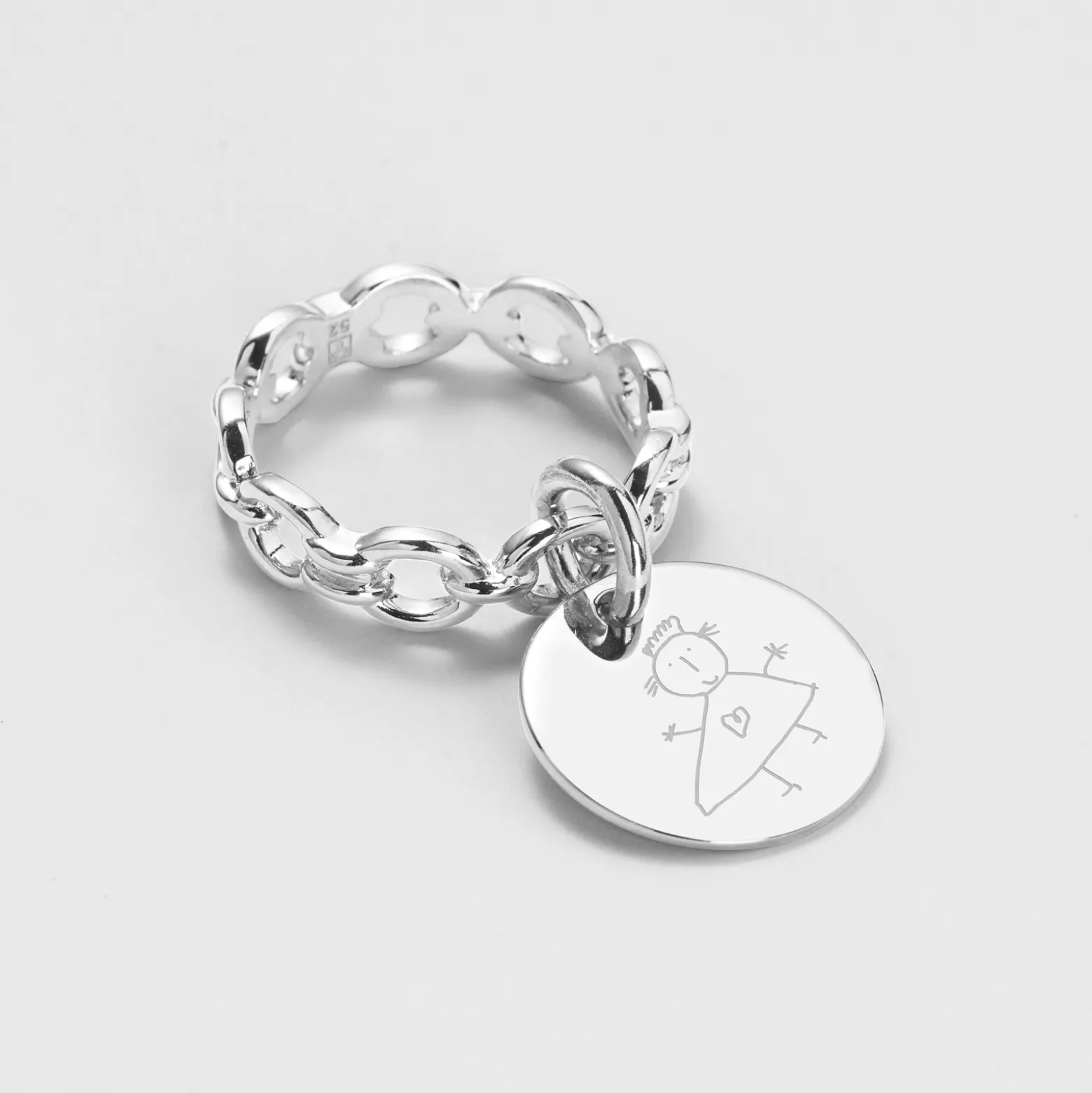 Bague chaine maille ronde argent personnalisée médaille gravée 15 mm
