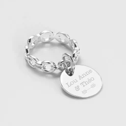Bague EVJF chaine maille ronde argent personnalisée médaille gravée 15 mm
