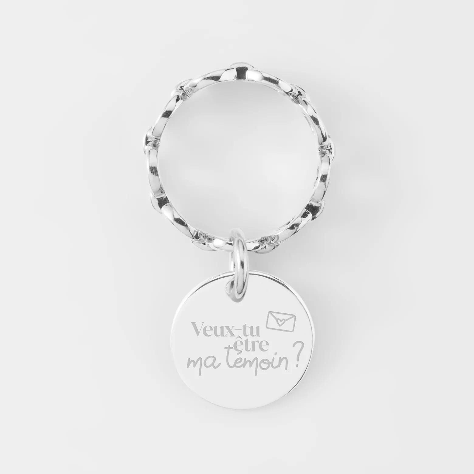 Bague Mariée chaine maille ronde argent personnalisée médaille gravée 15 mm