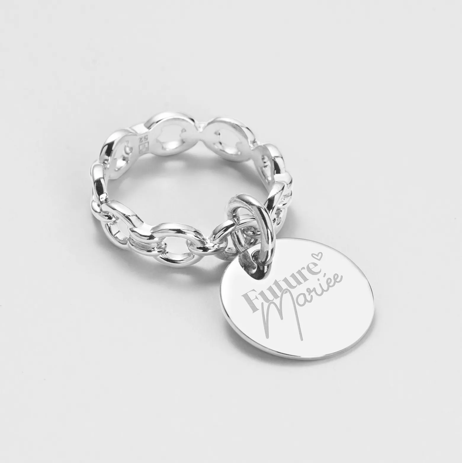 Bague Mariée chaine maille ronde argent personnalisée médaille gravée 15 mm