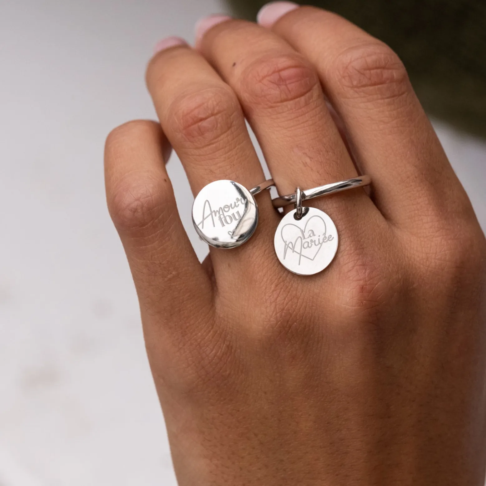 Bague Mariée plateau personnalisée argent médaille gravée 15 mm