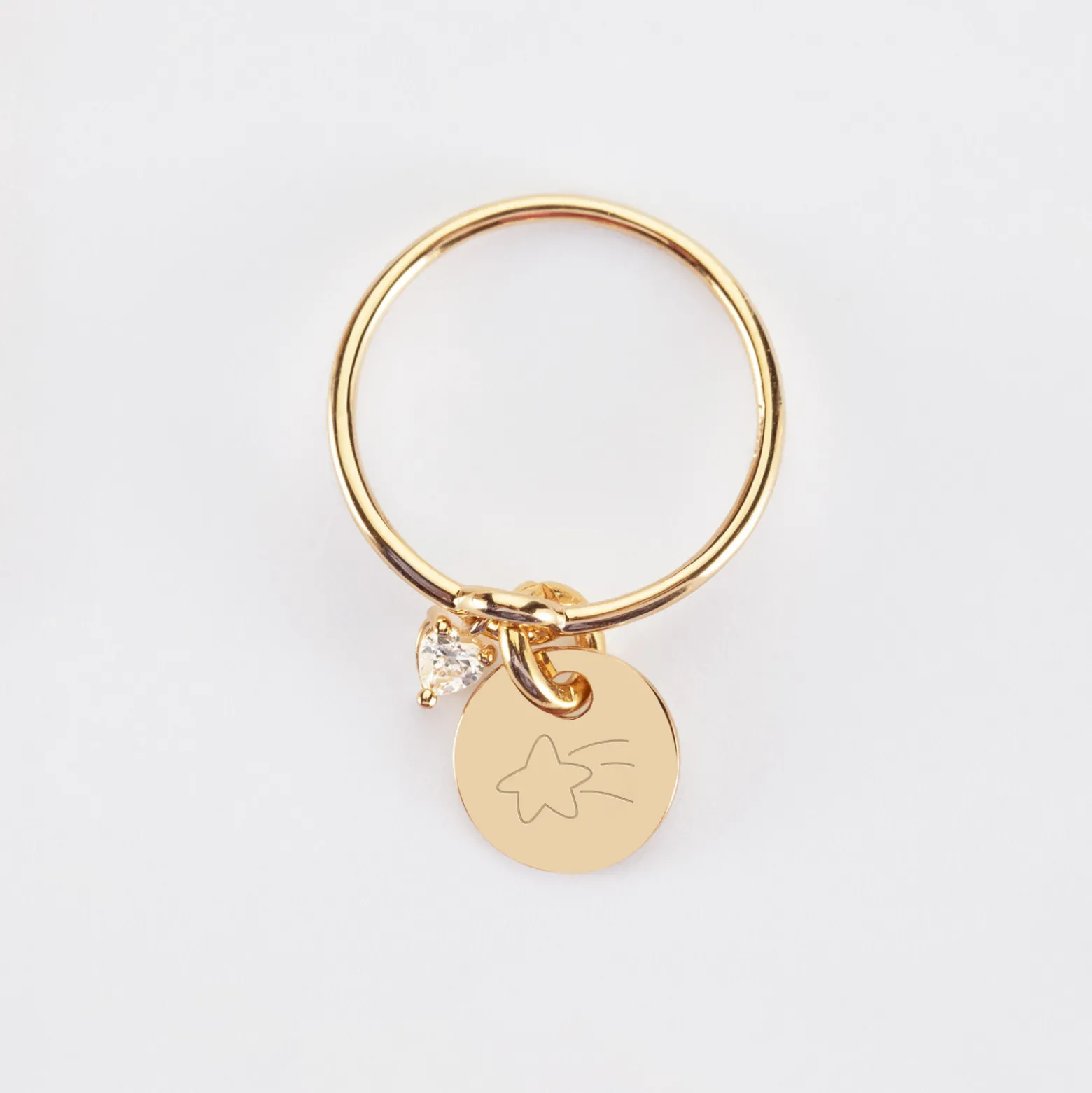 Bague mini coeur scintillant personnalisé médaille gravée plaqué or 10 mm