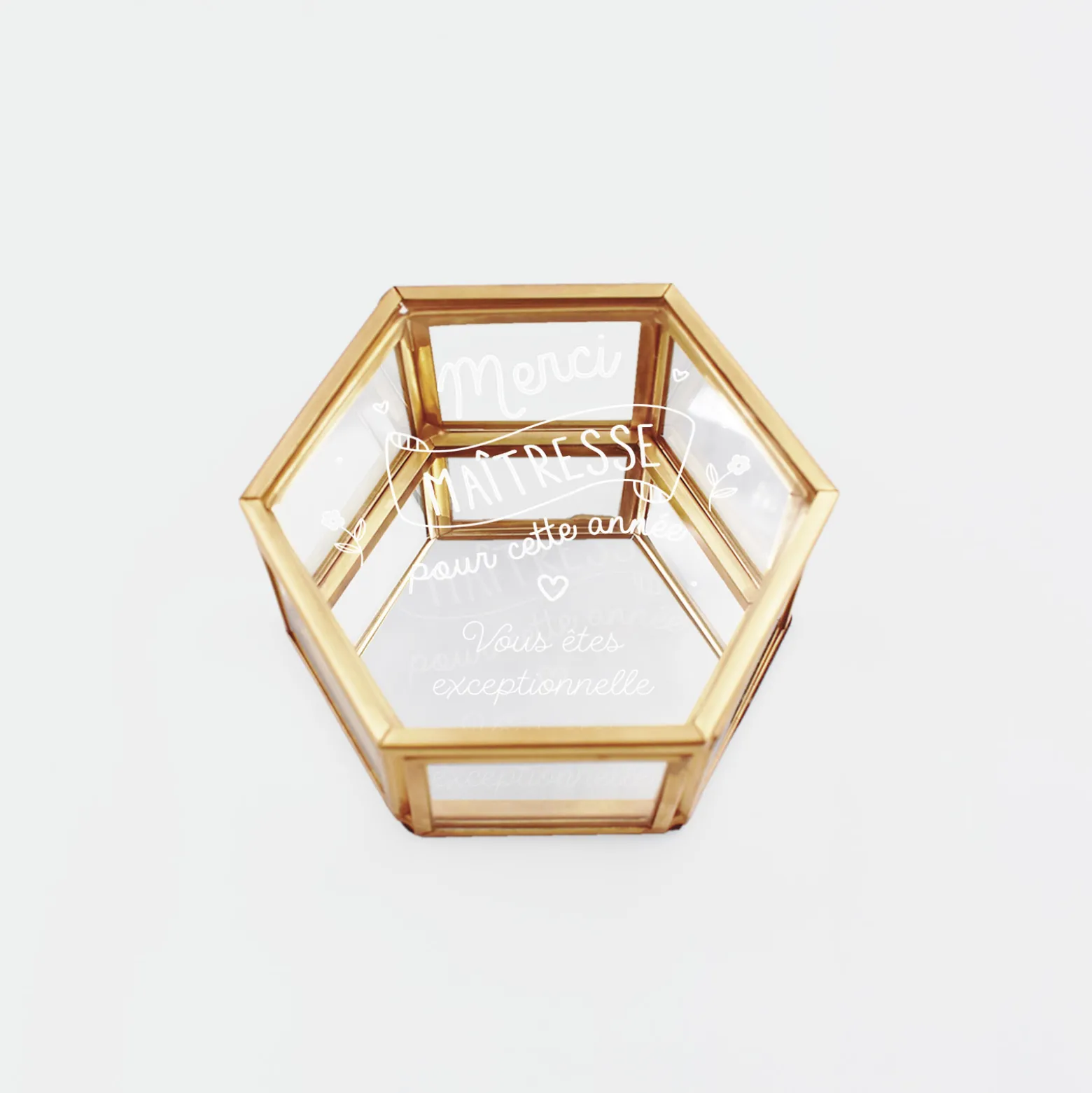 Boîte à bijoux personnalisée hexagonale 8x7x4 cm verre gravé - Edition spéciale "Merci maîtresse"
