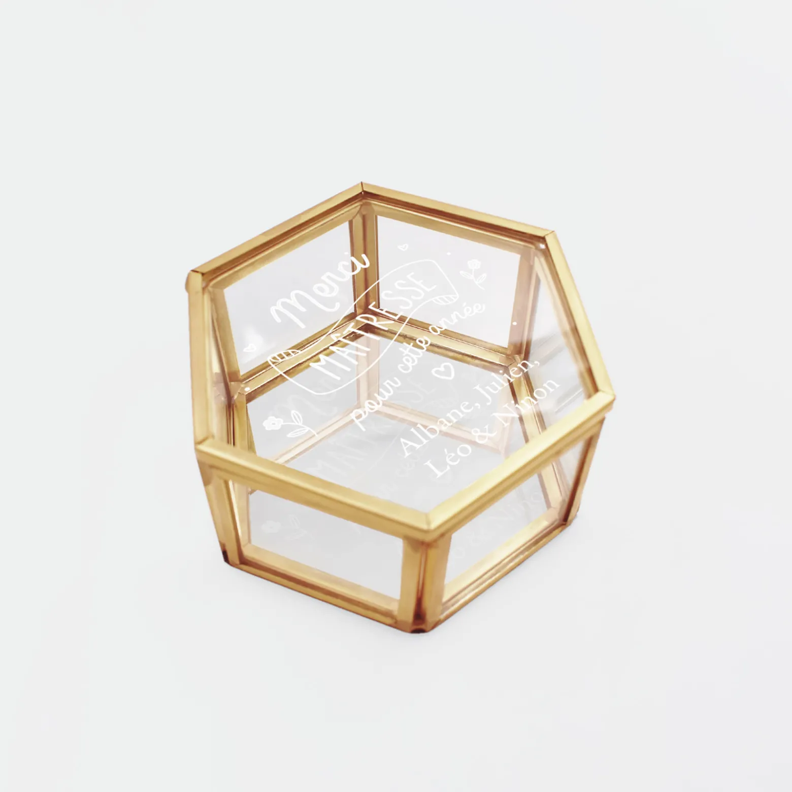 Boîte à bijoux personnalisée hexagonale 8x7x4 cm verre gravé - Edition spéciale "Merci maîtresse"