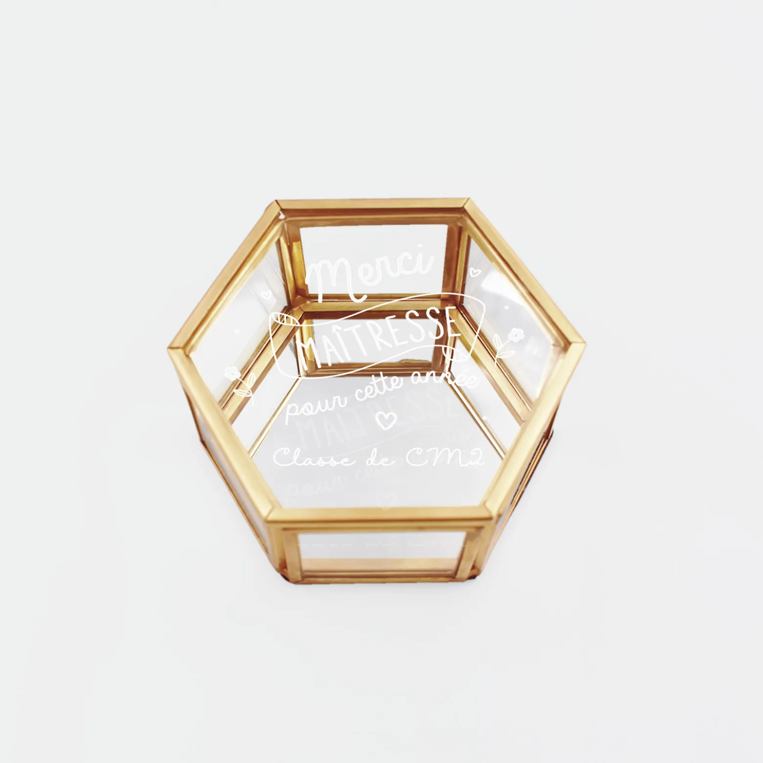 Boîte à bijoux personnalisée hexagonale 8x7x4 cm verre gravé - Edition spéciale "Merci maîtresse"