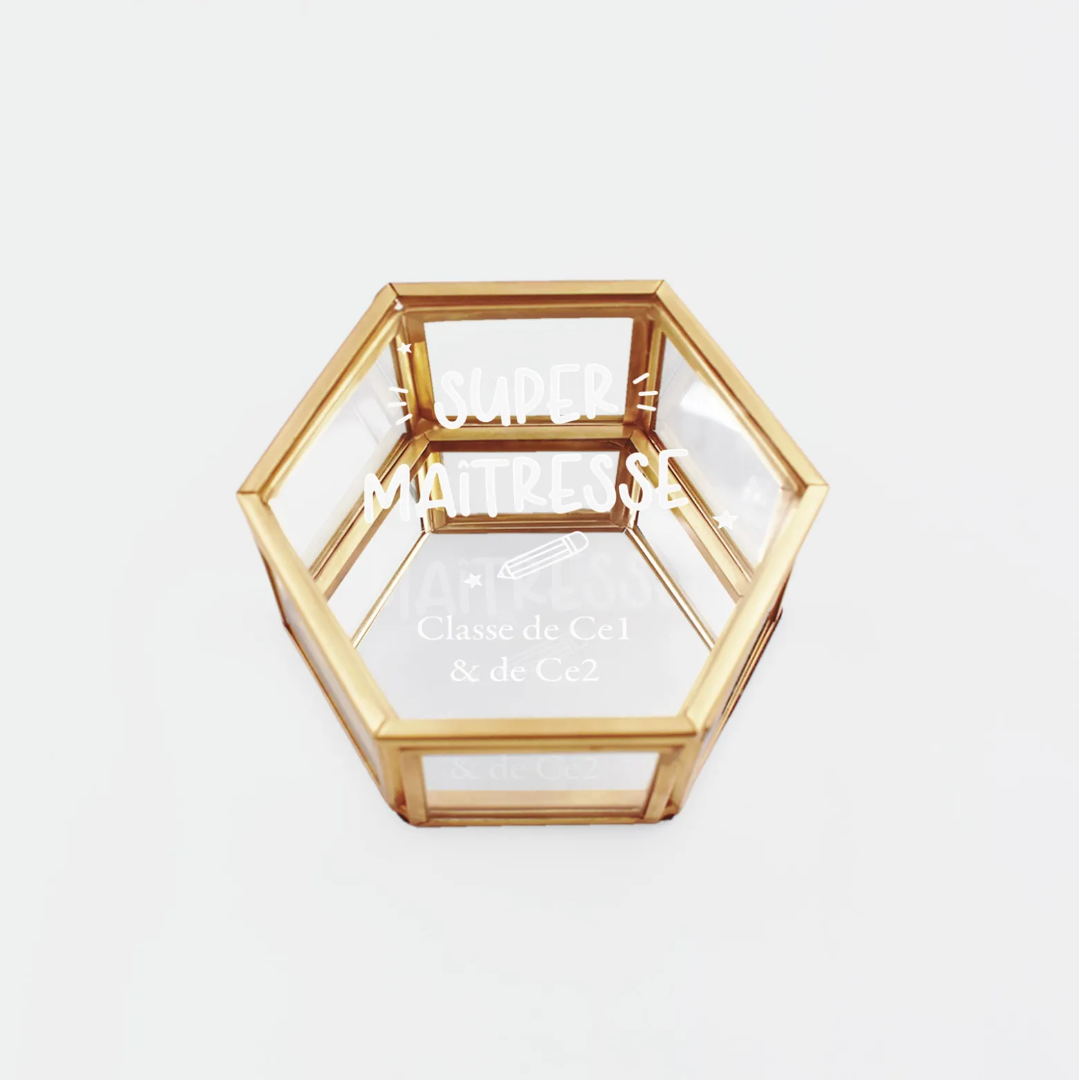 Boîte à bijoux personnalisée hexagonale 8x7x4 cm verre gravé - Edition spéciale "Super maîtresse"