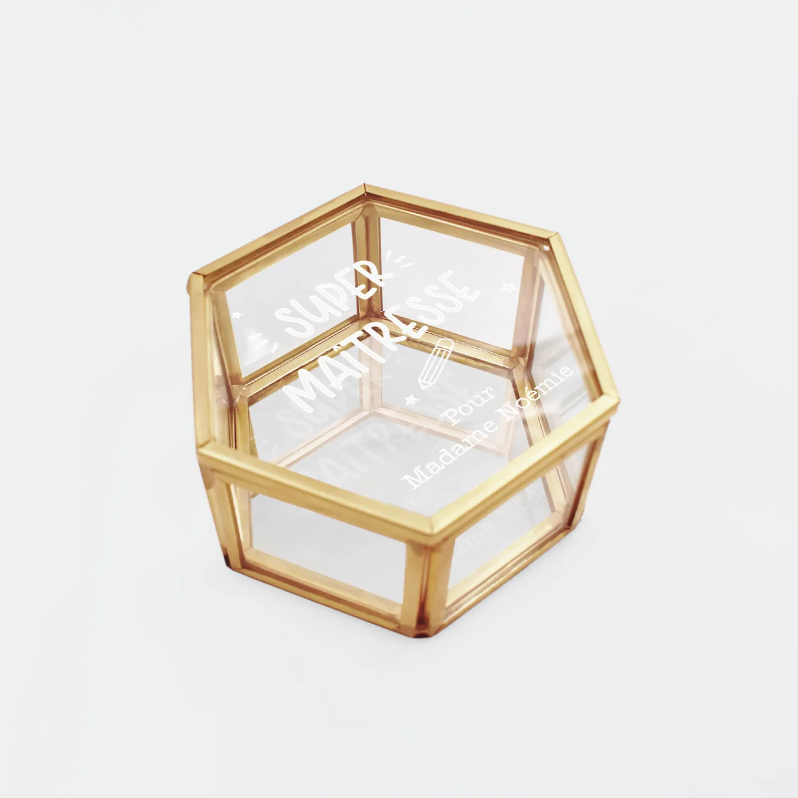 Boîte à bijoux personnalisée hexagonale 8x7x4 cm verre gravé - Edition spéciale "Super maîtresse"