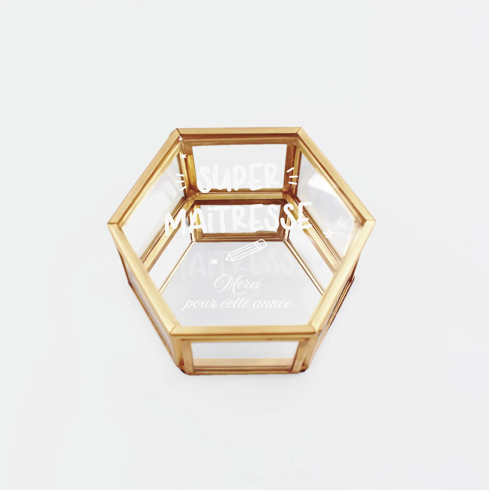 Boîte à bijoux personnalisée hexagonale 8x7x4 cm verre gravé - Edition spéciale "Super maîtresse"