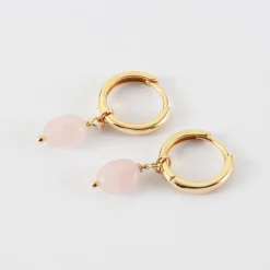 Boucles d'oreilles créoles pierre quartz rose plaqué or