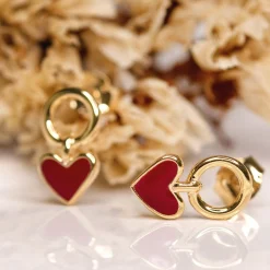 Boucles d'oreilles cœur émail rouge plaqué or