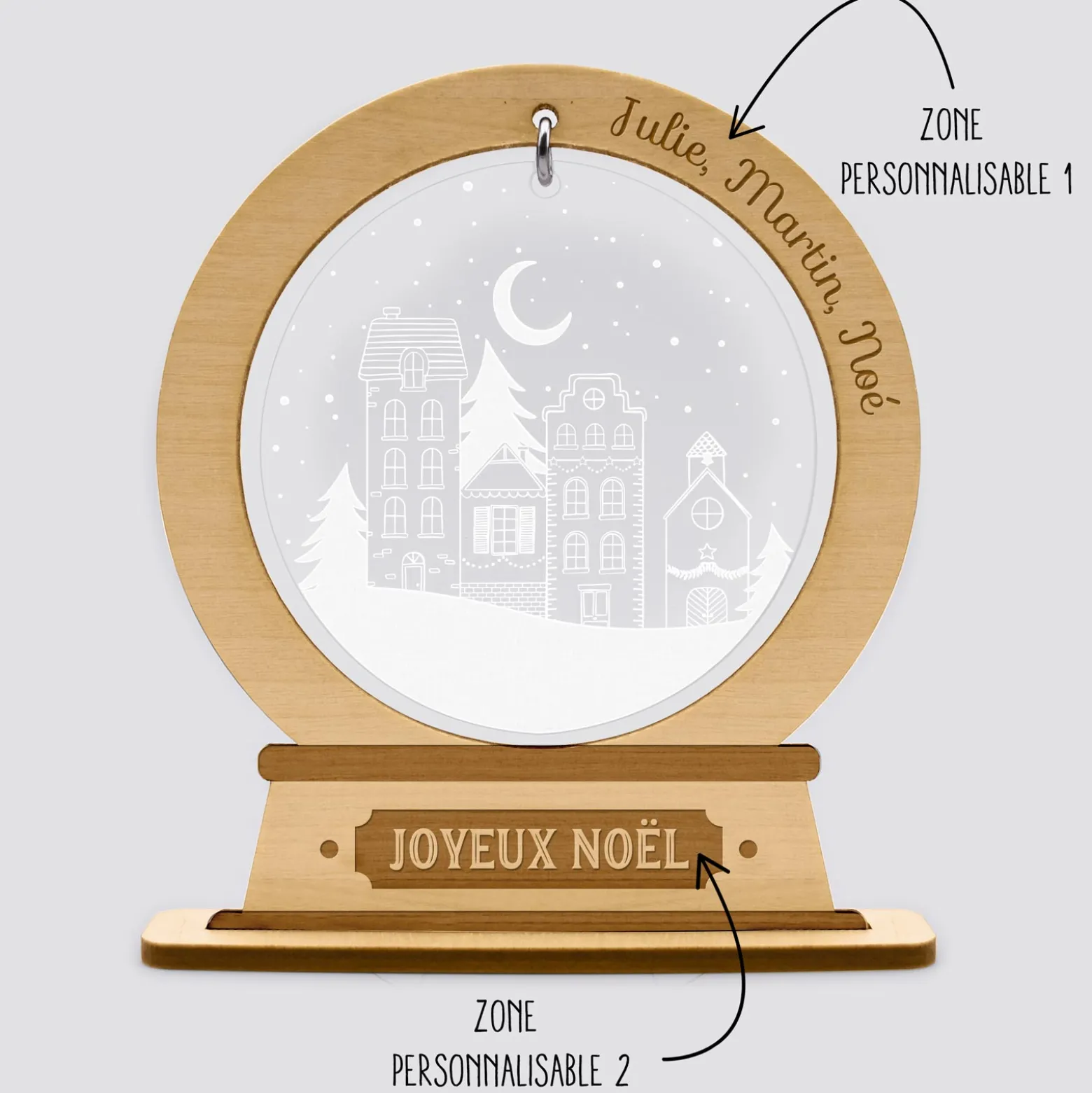 Boule à neige personnalisée bois gravé - édition spéciale "Village féérique"
