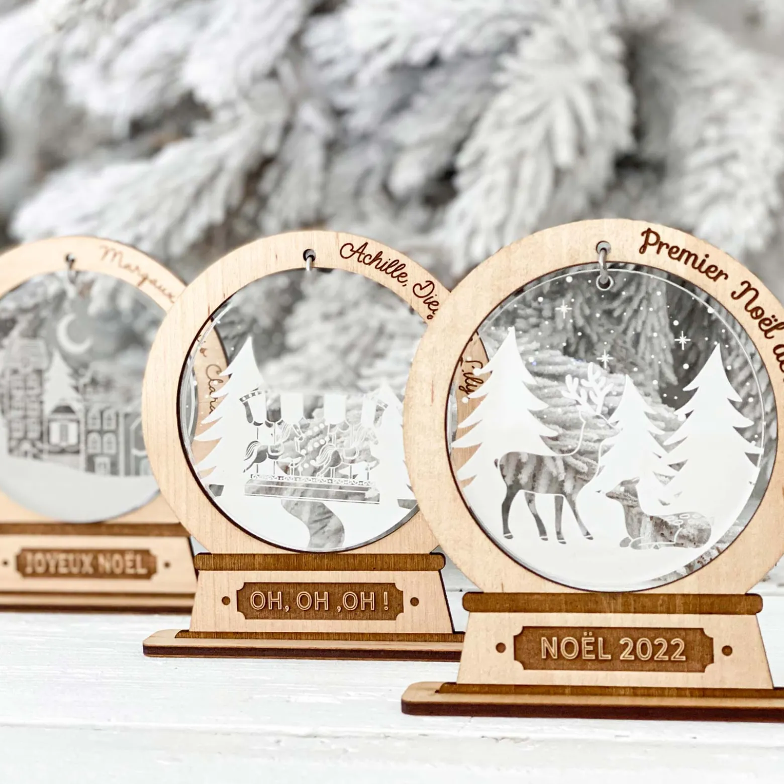 Boule à neige personnalisée bois gravé - édition spéciale "Forêt magique"