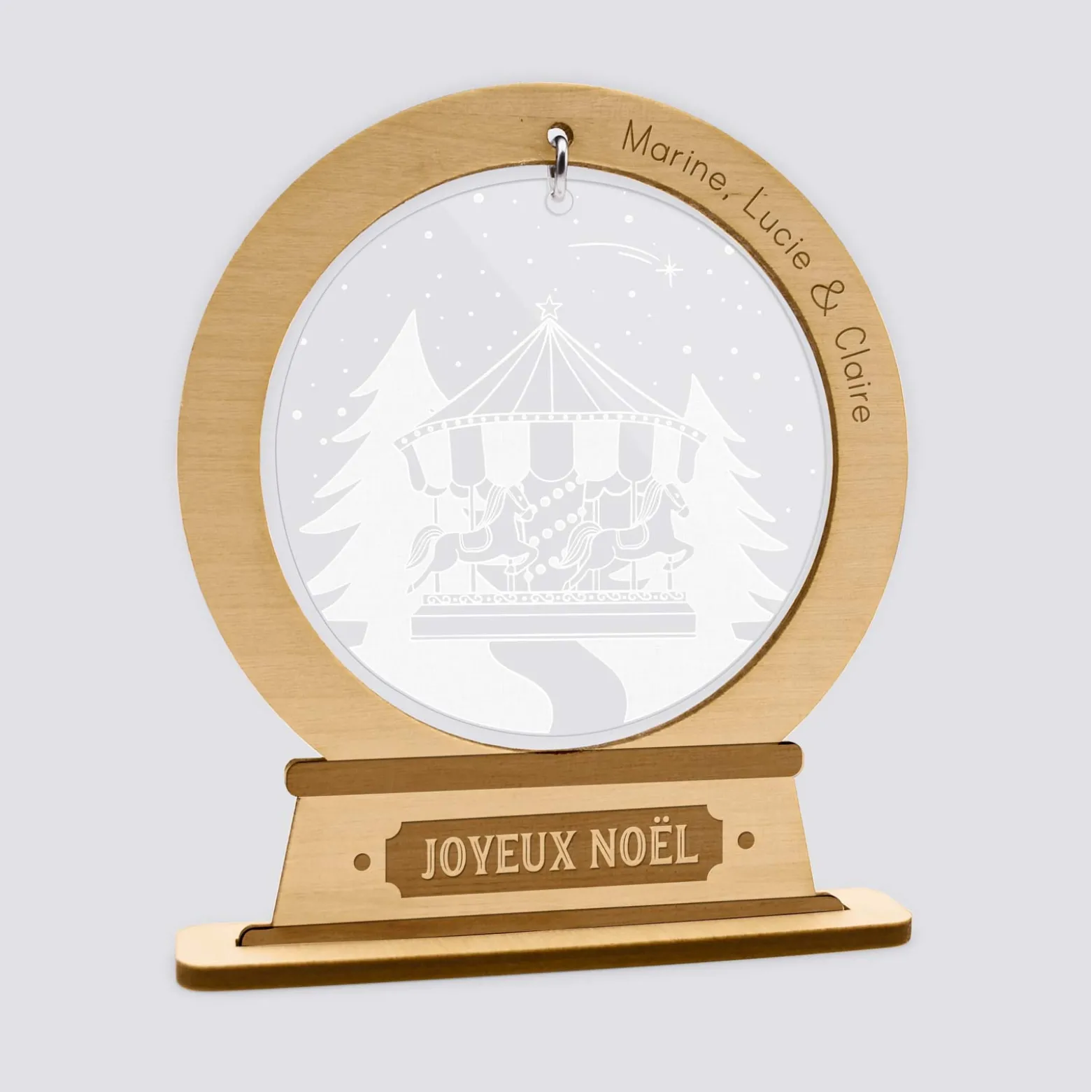 Boule à neige personnalisée bois gravé - édition spéciale "Manège enchanté"