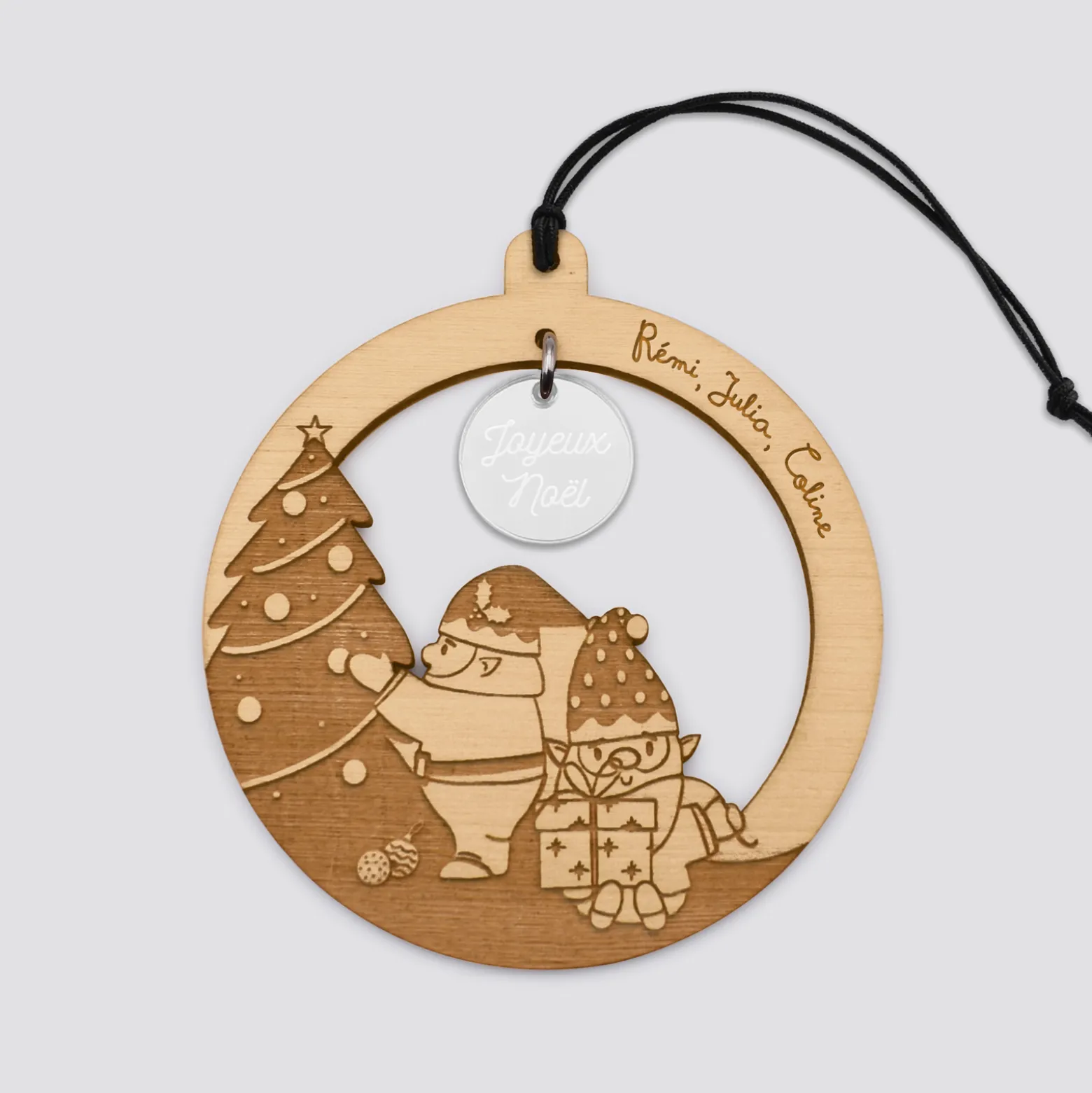 Boule de Noël personnalisée bois gravé - édition spéciale "Petits lutins"