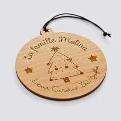 Boule de Noël personnalisée gravée bois ronde - édition spéciale