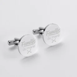 Boutons de manchette Famille des mariés personnalisés gravé acier rond 16 mm