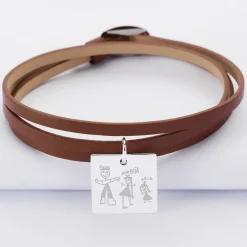 Bracelet 3 tours cuir personnalisé médaille gravée argent dormeuse carré 18x18 mm