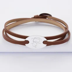 Bracelet 3 tours cuir personnalisé médaille gravée argent ovale 2 trous 25x16 mm