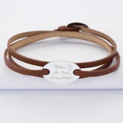 Bracelet 3 tours cuir personnalisé médaille gravée argent ovale 2 trous 25x16 mm