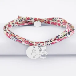 Bracelet 3 tours Liberty personnalisé médaille gravée argent 15 mm et breloque petite fille zircon 12 mm