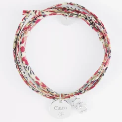Bracelet 3 tours Liberty personnalisé médaille gravée argent 15 mm et breloque petite fille zircon 12 mm