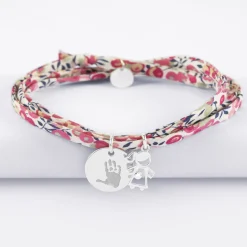 Bracelet 3 tours Liberty personnalisé médaille gravée argent 15 mm et breloque petite fille zircon 12 mm