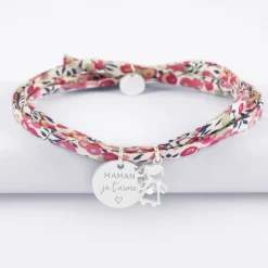 Bracelet 3 tours Liberty personnalisé médaille gravée argent 15 mm et breloque petite fille zircon 12 mm