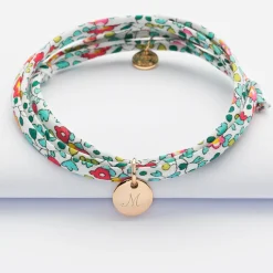 Bracelet 3 tours Liberty personnalisé initiale médaille gravée plaqué or 10 mm