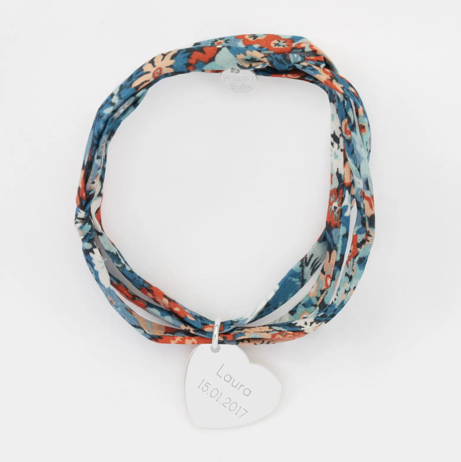 Bracelet 3 tours Liberty personnalisé médaille gravée argent dormeuse coeur 19x21 mm