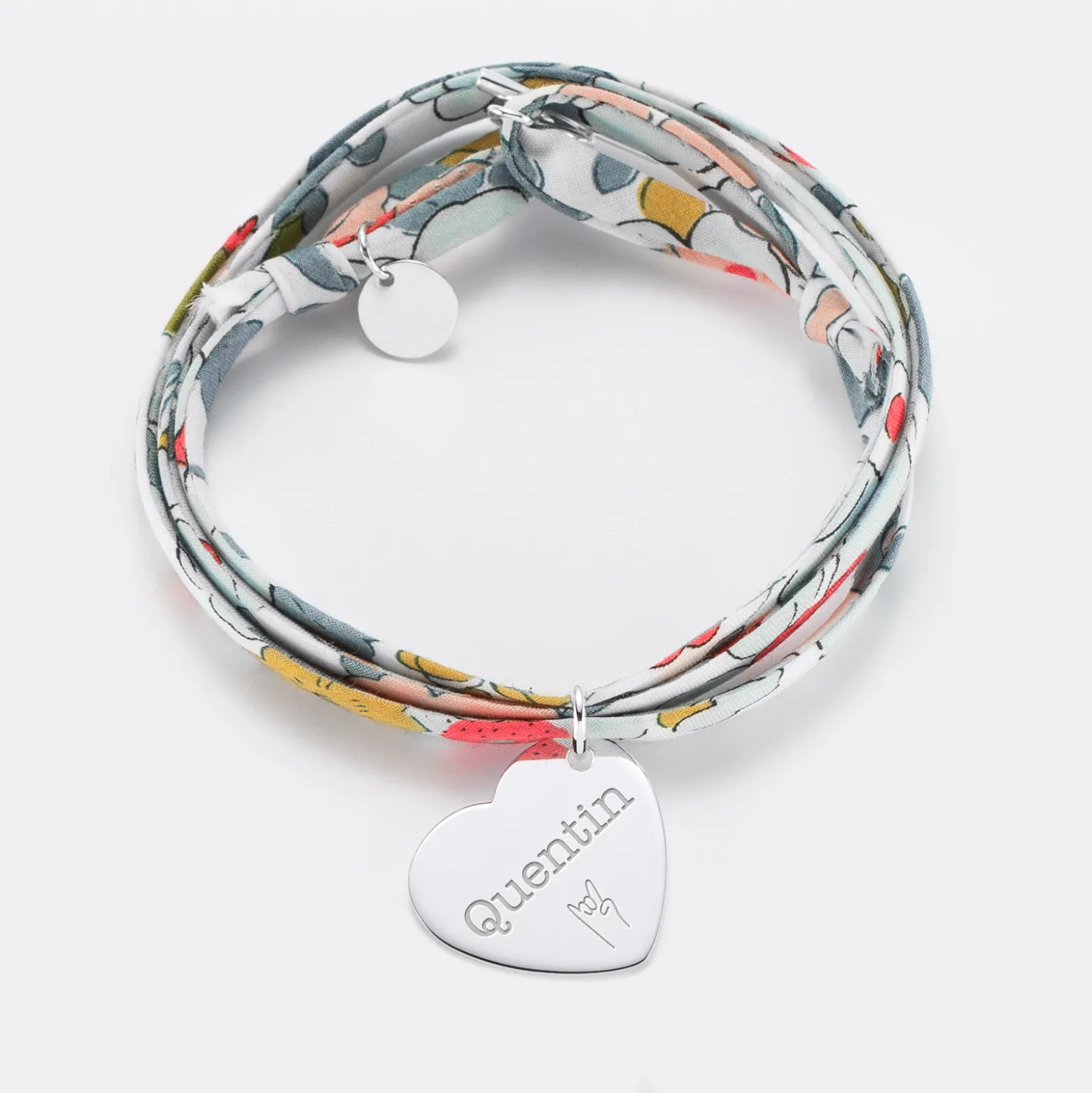 Bracelet 3 tours Liberty personnalisé médaille gravée argent dormeuse coeur 19x21 mm