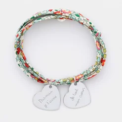 Bracelet 3 tours Liberty personnalisé 2 médailles gravées argent dormeuses coeur 19x21 mm