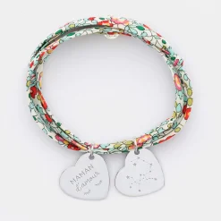 Bracelet 3 tours Liberty personnalisé 2 médailles gravées argent dormeuses coeur 19x21 mm