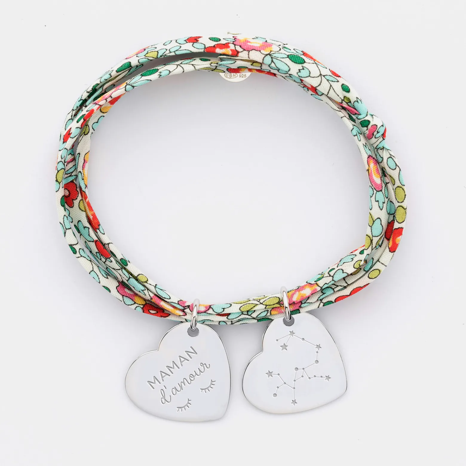 Bracelet 3 tours Liberty personnalisé 2 médailles gravées argent dormeuses coeur 19x21 mm