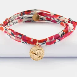 Bracelet 3 tours Liberty personnalisé médaille gravée plaqué or colombe texturée 14 mm