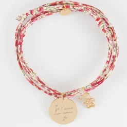 Bracelet 3 tours Liberty personnalisé médaille gravée plaqué or 19 mm et breloque petite fille scintillante 12 mm