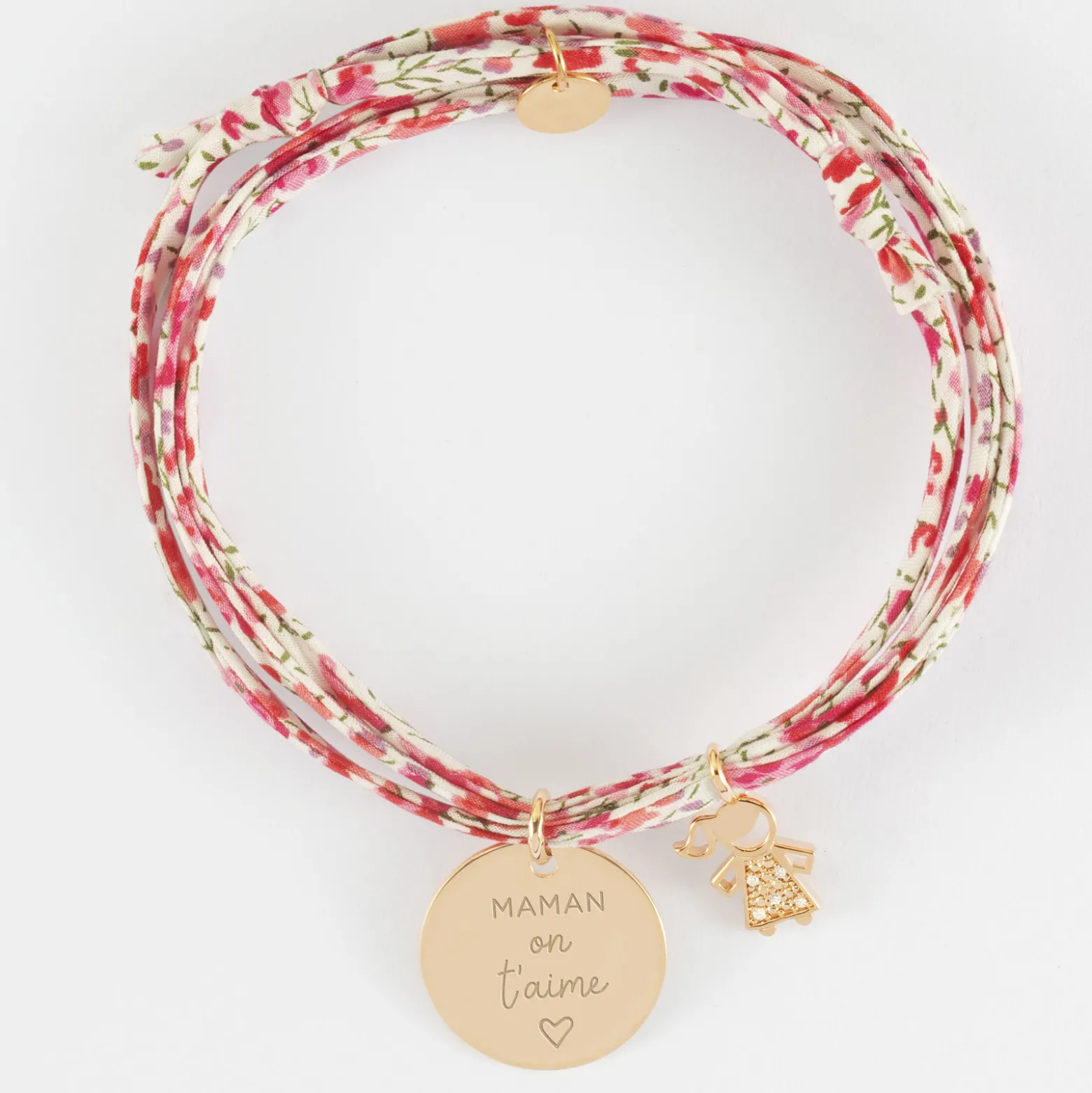 Bracelet 3 tours Liberty personnalisé médaille gravée plaqué or 19 mm et breloque petite fille scintillante 12 mm