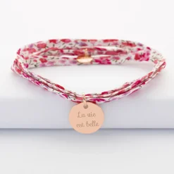 Bracelet 3 tours Liberty personnalisé médaille gravée plaqué or rose 15 mm