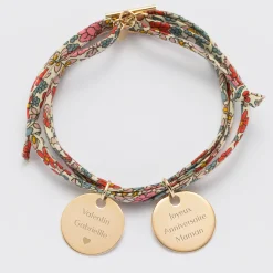Bracelet 3 tours Liberty personnalisé 2 médailles gravées plaqué or 19 mm