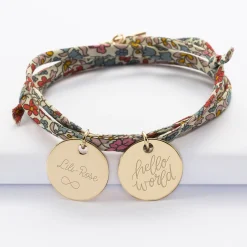 Bracelet 3 tours Liberty personnalisé 2 médailles gravées plaqué or 19 mm