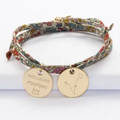 Bracelet 3 tours Liberty personnalisé 2 médailles gravées plaqué or 19 mm