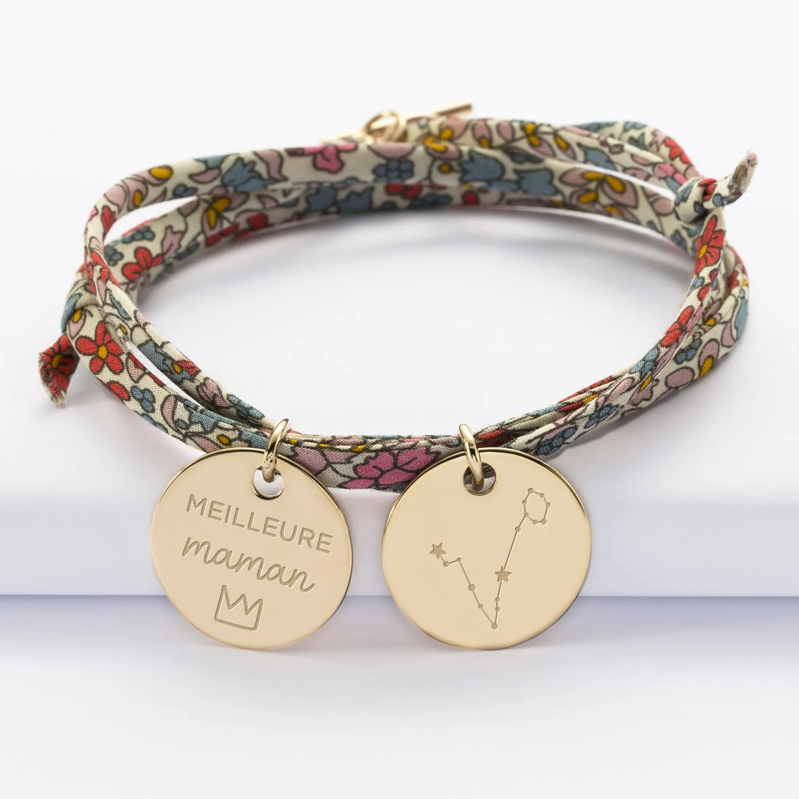 Bracelet 3 tours Liberty personnalisé 2 médailles gravées plaqué or 19 mm