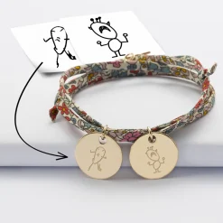Bracelet 3 tours Liberty personnalisé 2 médailles gravées plaqué or 19 mm