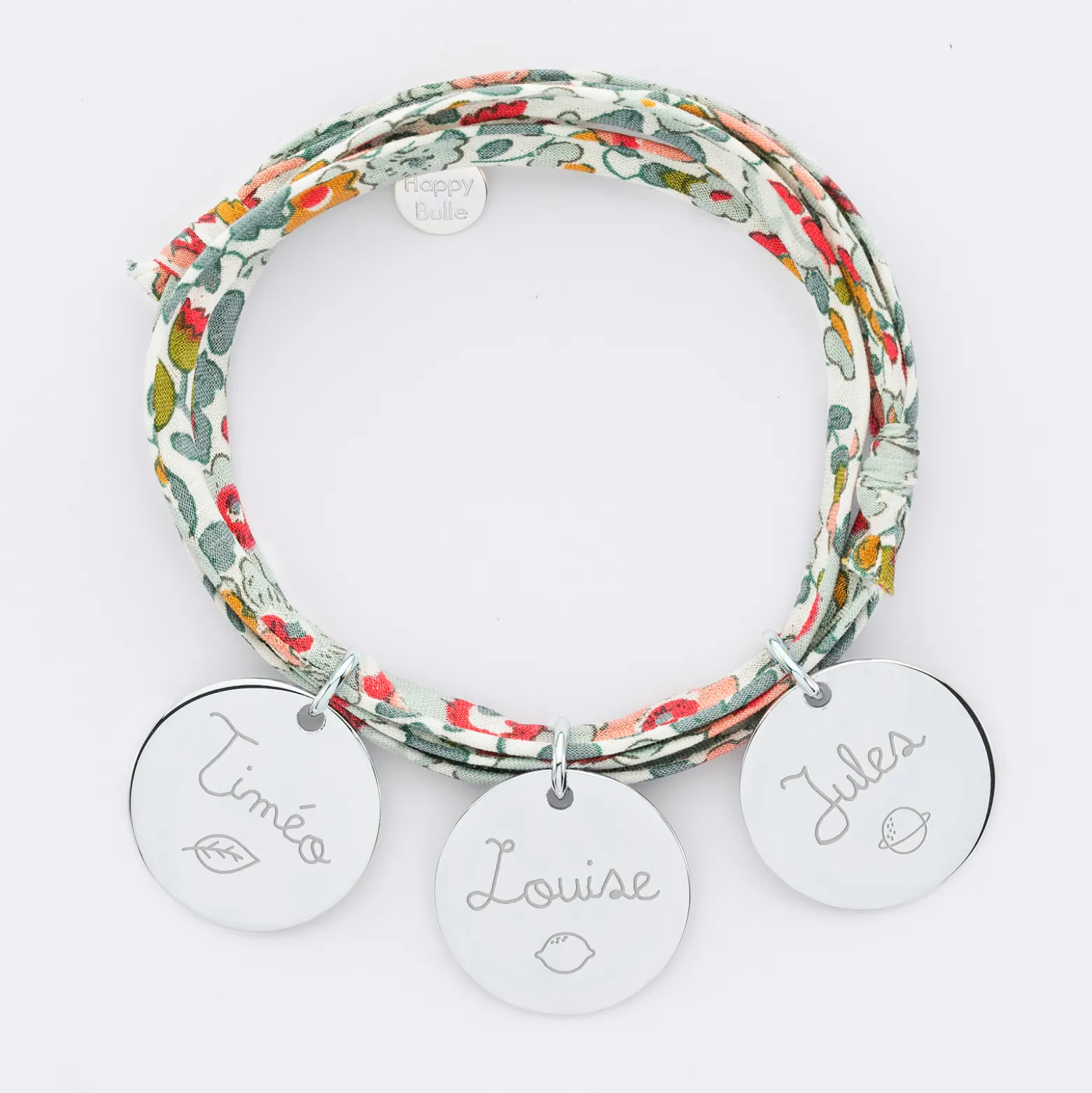 Bracelet 3 tours Liberty personnalisé 3 médailles gravées argent 19 mm