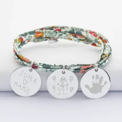 Bracelet 3 tours Liberty personnalisé 3 médailles gravées argent 19 mm