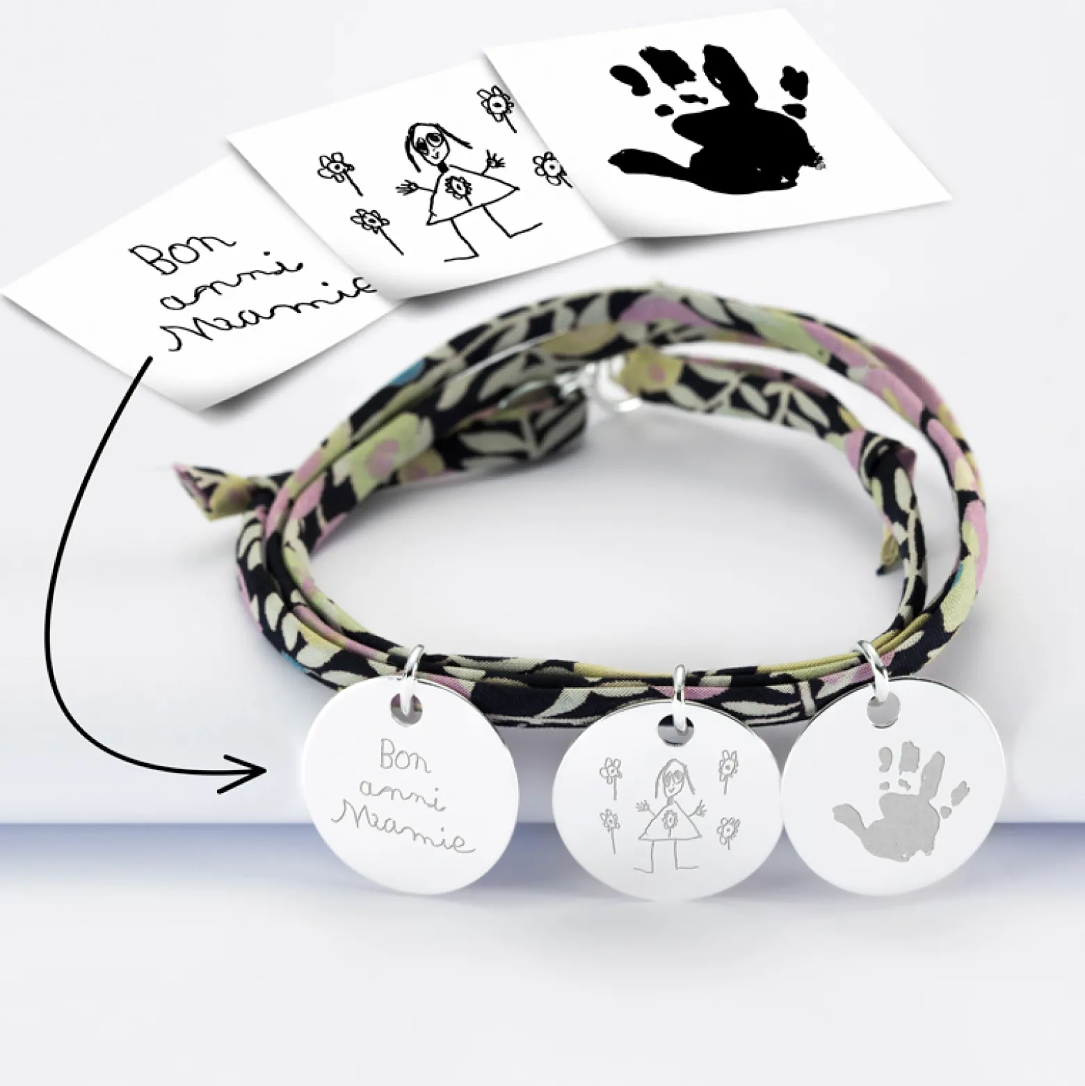 Bracelet 3 tours Liberty personnalisé 3 médailles gravées argent 19 mm
